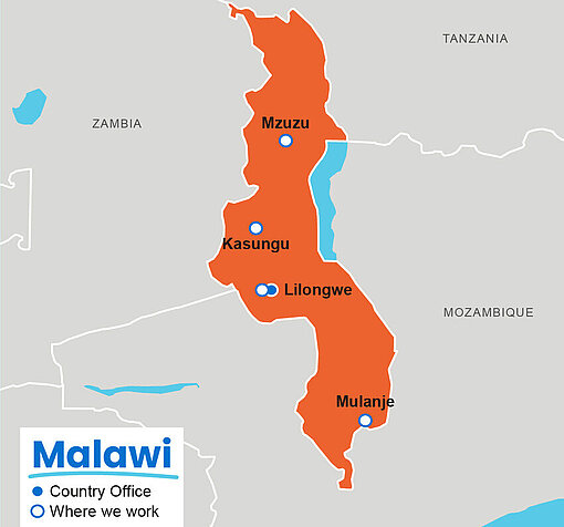 Malawi in Südostafrika: Das Geflüchtetenlager Dzaleka liegt etwa 40 Kilometer nördlich der Hauptstadt Lilongwe Karte des südostafrikanischen Landes Malawi