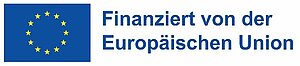 Blaues Rechteck mit gelbem Sternenkranz und dem Schriftzug „Finanziert von der Europäischen Union“.
