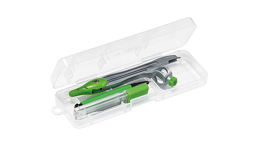 Etui aus transparentem Kunststoff mit Zirkel und Stift