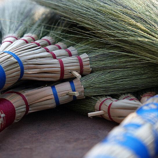 Gebundene Ginstergräser als verkaufsbereite Besen.