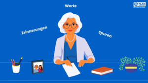 Eine ältere Frau mit weißen Haaren und Brille sitzt lächelnd an einem Schreibtisch und schreibt auf ein Blatt Papier. Rundherum stehen die Wörter „Erinnerungen“, „Werte“ und „Spuren“. Auf dem Tisch liegen Stifte, ein eingerahmtes Familienfoto, ein Buch und eine Pflanze. Oben rechts das Logo von Plan International und der Slogan „Gibt Kindern eine Chance“.