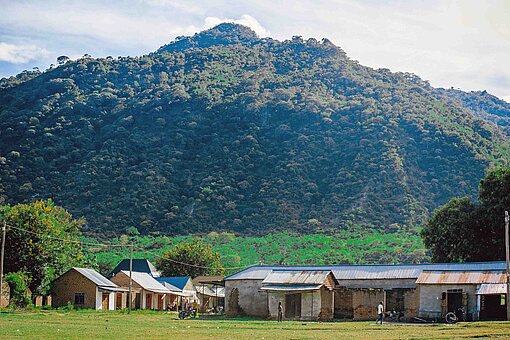 Blick auf ein Dorf am Fuße eines grün bewaldeten Bergs