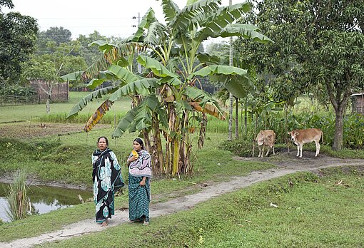 Nach UN-Angaben werden rund 50 Prozent der bangladeschischen Frauen verheiratet, bevor sie 18 Jahre alt sind Zwei Frauen auf einem Dorfweg