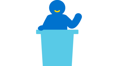 Icon von einer Person, die hinter einem Rednerpult steht und einen Vortrag hält.