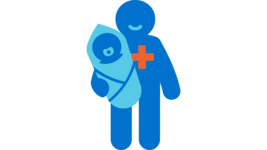 Icon einer Person mit rotem Kreuz auf der Brust, die Baby auf dem Arm trägt. Es steht für Krankenschwestern und Hebammen.