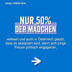 Grafik mit Text: Nur 50 % der Mädchen weltweit und in Österreich glaubt, dass Frauen in führenden politischen Positionen akzeptiert werden.