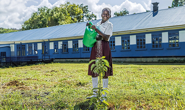 Ein 13-jähriges Schulmädchen gießt mit einer Gießkanne einen jungen Baum auf dem Schulhof in Uganda, im Hintergrund steht ein blaues Schulgebäude. 