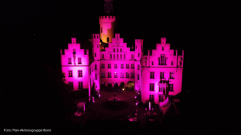 Das Schloss Arenfels in Bonn erstrahlt in Pink