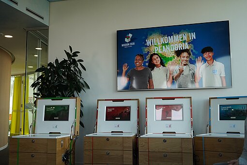 Vier große Holzkisten, die aufgeklappt sind und in deren Deckel ein Bildschirm ist, stehen nebeneinander. Über den Kisten ist ein Bildschirm, auf dem vier Jugendliche zu sehen sind, über denen steht: „Willkommen in Plandoria“.
