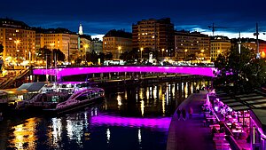 Die Donaubrücken werden im Dunkeln Pink angestrahlt.