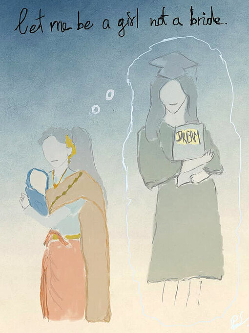 Ein Kunstwerk das zwei Mädchen zeigt: Eines, das ein Kind hält, und eines, das ein Papier mit der Aufschrift Dreams hält