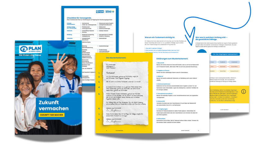 Der Testament-Ratgeber ist abgebildet. In der Frontansicht ist ein Bild von lächelnden Mädchen zu sehen und die Aufschrift "Zukunft vermachen". Außerdem sind Ausschnitte der Innenseiten abgebildet, die ein Beispieltestament und weitere Informationen in Textform enthalten.