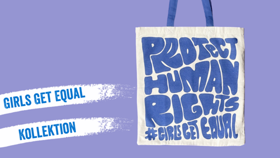 YouTube Thumbnail: Lila Hintergrund, davor eine Einkaufstasche mit der Aufschrift "Protect Human Rights #girlsgetequal"