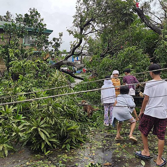 Kinder bahnen sich einen Weg durch umgestürzte Strommasten und abgerissene Äste