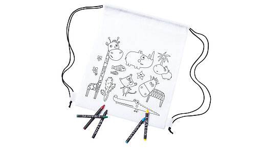 Weißer Beutel mit einer Umrisszeichnung. Das Motiiv besteht aus verschiedenen lustigen Tieren und Pflanzen.