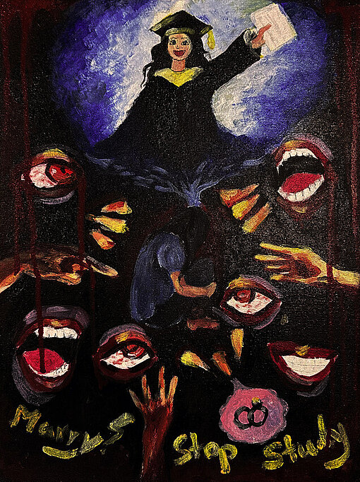 Ein Gemälde von einem Mädchen, das eine Schuluniform trägt und ein Zeugnis in die Höhe hält, darunter sind viele Augen und Münder