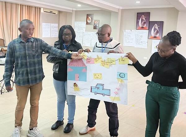 Vier Personen, darunter drei Männer und eine Frau, präsentieren gemeinsam ein Plakat in einem Raum mit einem hellen, modernen Interieur. Das Plakat zeigt ein gezeichnetes Szenario mit einer kleinen Häuserlandschaft, einem Fahrzeug und Symbolen, die mit farbigen Post-its und Textmarkern ergänzt wurden. Die Personen stehen nebeneinander, während der Mann links spricht und die anderen das Plakat halten.