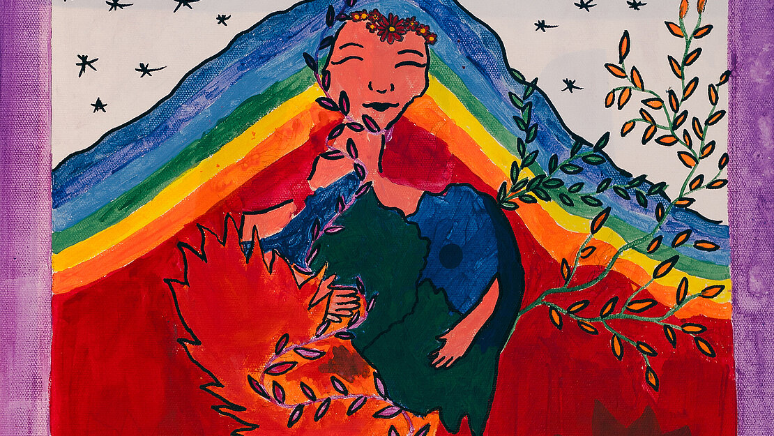 Eine künstlerische Darstellung einer Frau mit einem Regenbogen als Haaren.