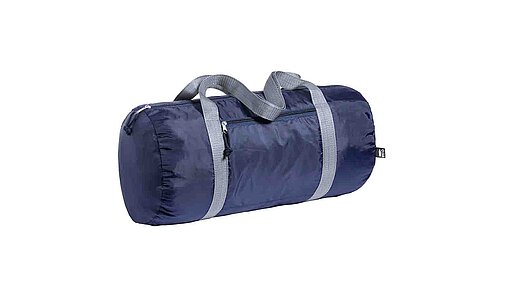 Tasche, gefüllt in schräger Seitenansicht mit grauen Tragegurten.