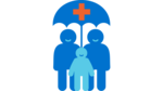 Icon von zwei Erwachsenen und einem Kind, die unter einem Schirm stehen. Auf dem Schirm ist ein rotes Kreuz. Es steht für unseren Wirkungsbereich gesundes Aufwachsen. 