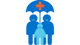 Icon von zwei Erwachsenen und einem Kind, die unter einem Schirm stehen. Auf dem Schirm ist ein rotes Kreuz. Es steht für unseren Wirkungsbereich gesundes Aufwachsen. 