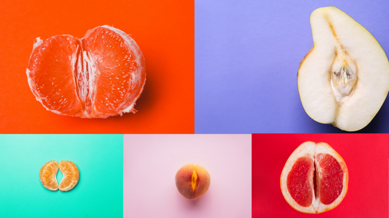 Zusammen genähtes Obst, z.B. Mandarine und Grapefruit.