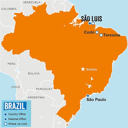 Eine Landkarte Brasiliens mit den markierten Einsatzorten von Plan International