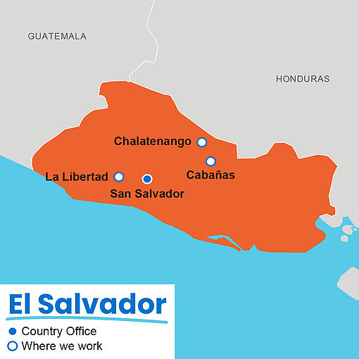 Karte von El Salvador Landkarte mit Länderumrissen von El Salvador (ornage eingefärbt), die Nachbarländer Guatemala und Honduras sind angeschnitten