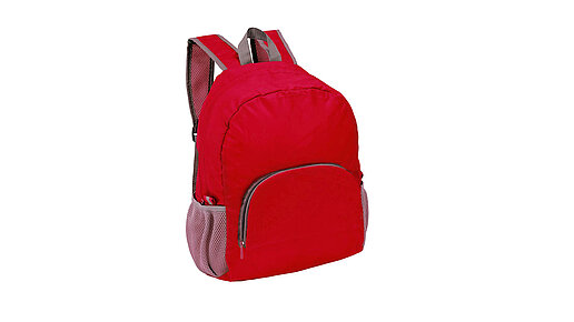 Roter Rucksack mit grauen Details, mit Reißverschlussvordertasche und Seitenfächern.
