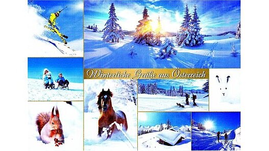 Postkarte aus Österreich mit verschiedenen Motiven aus den verschneiten Bergen.