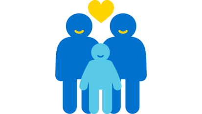 Icon von zwei Personen und einem Kind. Zwischen ihnen ist ein Herz. Es steht für Familie.