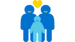 Icon von zwei Personen und einem Kind. Zwischen ihnen ist ein Herz. Es steht für Familie.