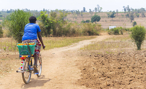 In Ruanda sind Fahrräder ein wichtiges Fortbewegungs- und Transportmittel – wie für Florida, die damit ihre Tomaten zum Markt bringt Eine Frau fährt auf dem Fahrrad durch eine trockene Savannenlandschaft. Sie hat eine Kiste Tomaten auf ihrem Gepäckträger.