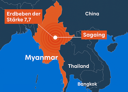 Eine Landkarte von Myanmar zeigt, wo das Erdbeben passiert ist. Weitere Orte in Myanmar sind gekennzeichnet.