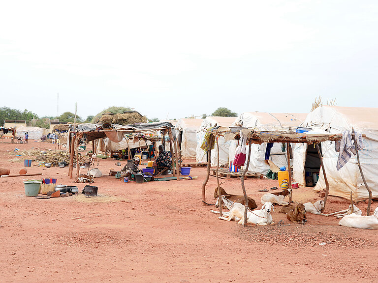 Das Bild in der Region Mopti. Zu sehen sind die Zelte, Ziegen sowie selbstgebaute Sonnenschutzschirme.