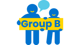 Icon von zwei Personen. Sie halten ein Schild mit der Aufschrift "Group B" hoch.