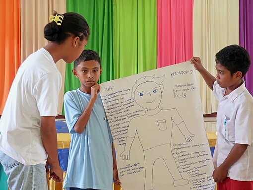 Im Kinderforum vergleichen Mädchen und Jungen die Ergebnisse ihrer Arbeitsgruppen Zwei Jungen und ein Mädchen zeigen ein Plakat