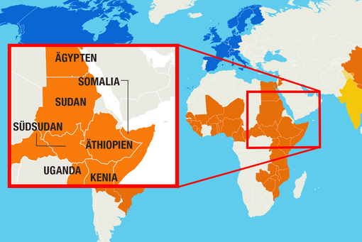 Flucht und Vertreibung betreffen unter anderem Zehntausende Menschen im nordöstlichen Afrika, sowohl in Sudan als auch im benachbarten Südsudan Landkarte mit Fokus auf das nordöstliche Afrika