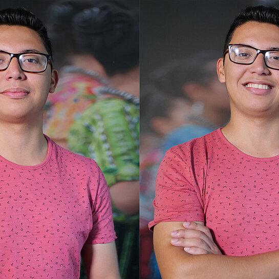 Zwei Portraits von Gonzalo in pinkem T-shirt.
