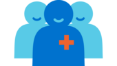 Icon mit drei Personen, die ein rotes Kreuz auf der Brust tragen. Es steht für medizinisches Personal.