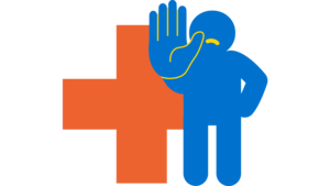 Icon einer Person vor einem Kreuz. Die Person hält die rechte Hand abwehrend als Stopp-Geste nach vorne. Es steht für unseren Wirkungsbereich sexuelle und reproduktive Gesundheit und Rechte. 