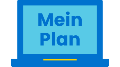 Icon eines Laptops. Auf dem Bildschirm steht "Mein Plan". Es steht für unser Service-Portal.
