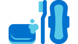 Icon eines Hygiene-Kits bestehend aus Seife, Zahnbürste und Damenbinde.