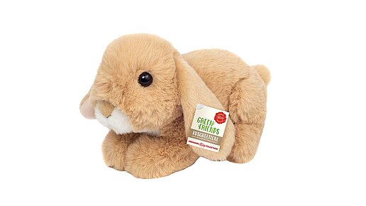 Kleiner beiger Hase aus Plüsch mit hängenden Ohren.