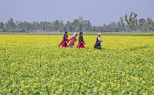 Die Kinder-Task-Force hat im Bezirk Kurigram Notfallpläne für den Fall von Naturkatastrophen erstellt Mädchen in einem blühenden Feld in Bangladesch