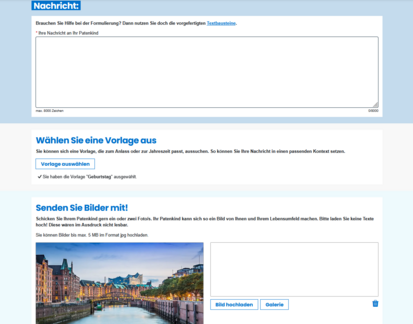 Screenshot eines Nachrichtenformulars für das Patenkind bei Plan International. Oben befindet sich ein Textfeld für eine Nachricht, darunter Auswahlmöglichkeiten für Vorlagen (eine Geburtstagsvorlage ist ausgewählt), und am unteren Rand die Möglichkeit, Fotos hochzuladen – mit einem Bild einer Stadtlandschaft als Beispiel.
