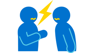 Icon von zwei Personen, die sich gegenüberstehen und miteinander streiten. Es steht für Konflikt. 
