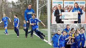 Treffen der kleinen und des großen "Kinder brauchen Fans!"-Botschafters: Rodel-Olympiasieger Felix Loch mit Nachwuchskickern des Niendorfer TSV © Plan International / Ronald Frommann