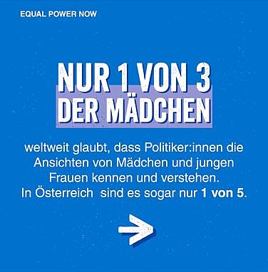 Grafik mit Text: Nur 1 von 3 der Mädchen weltweit glaubt, dass Politiker:innen die Ansichten von Mädchen und jungen Frauen kennen und verstehen. In Österreich sind es sogar nur 1 von 5.