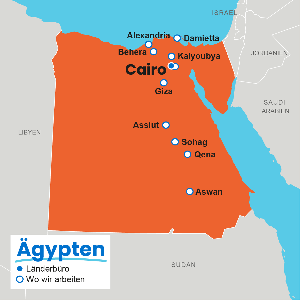 Karte von Ägypten mit Markierungen der Projektregionen von Plan International, darunter Alexandria, Behera, Kalyoubya, Damietta, Giza, Assiut, Sohag, Qena, Aswan und das Länderbüro in Kairo.